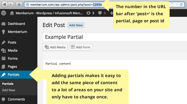 Partial editor showing the post ID