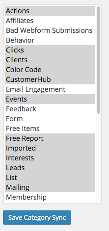Shows Infusionsoft tag categories that are synced vs not synced for membership usage.